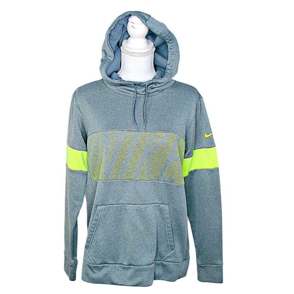 Womens Nike Dri Fit Pullover Hoodie Huge Logo Graphic Gray Neon Yellow Size M